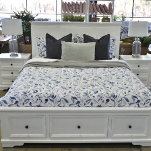 "Emily" Hamptons Style Timber Queen Bedroom 4 Piece Tallboy & Bedsides Package in White (RRP $3999)