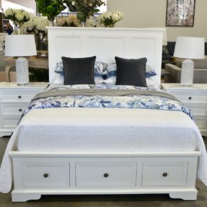 "Sophia" Hamptons Style Timber Queen Bedroom Package White, Queen Bed, 8 Drawer Dresser and 2 x 3 Drawer Bedside Tables