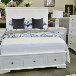 "Sophia" Hampton Style Hardwood Timber King Bed 4 Piece Tallboy Package, White (RRP $4199)