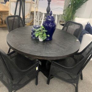FLOORSTOCK CLEARANCE SALE "Tuscany" Hampton Style Hardwood Timber Parquetry Round Dining Table with Pedestal Base Black 135cm + 4 x Southbeach Rattan Chairs (RRP $3499)
