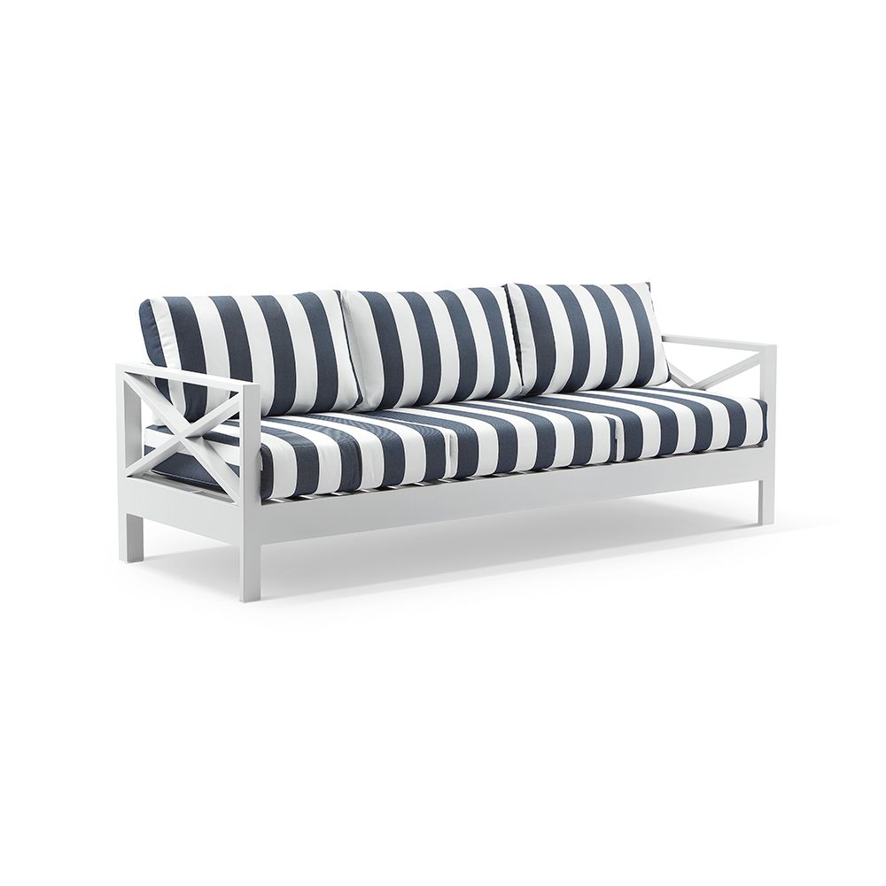 "Montego Bay" Hamptons Style Outdoor Aluminium 5 Piece Lounge Setting, White with Navy & White Stripe Cushions (RRP $5999) - Image 2