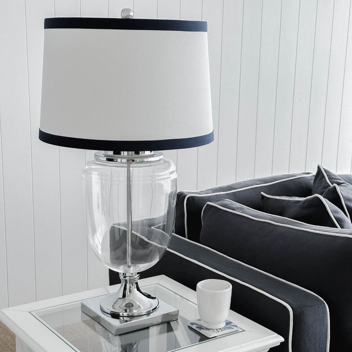 Charlotte Glass and Nickel Lamp with White Linen Shade (Navy Trim) - Lamp Base & Shade (RRP $399) - Image 9