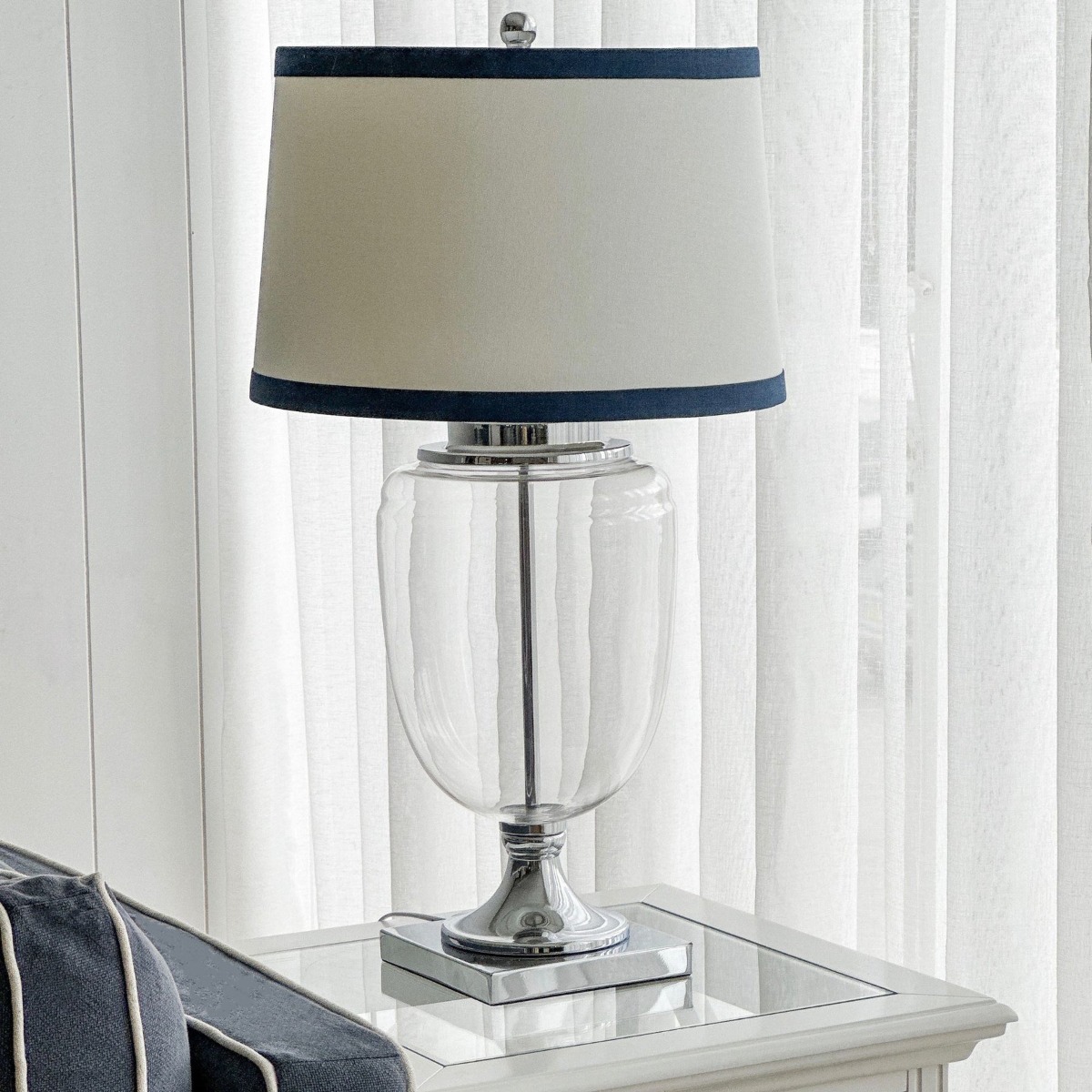 Charlotte Glass and Nickel Lamp with White Linen Shade (Navy Trim) - Lamp Base & Shade (RRP $399) - Image 7