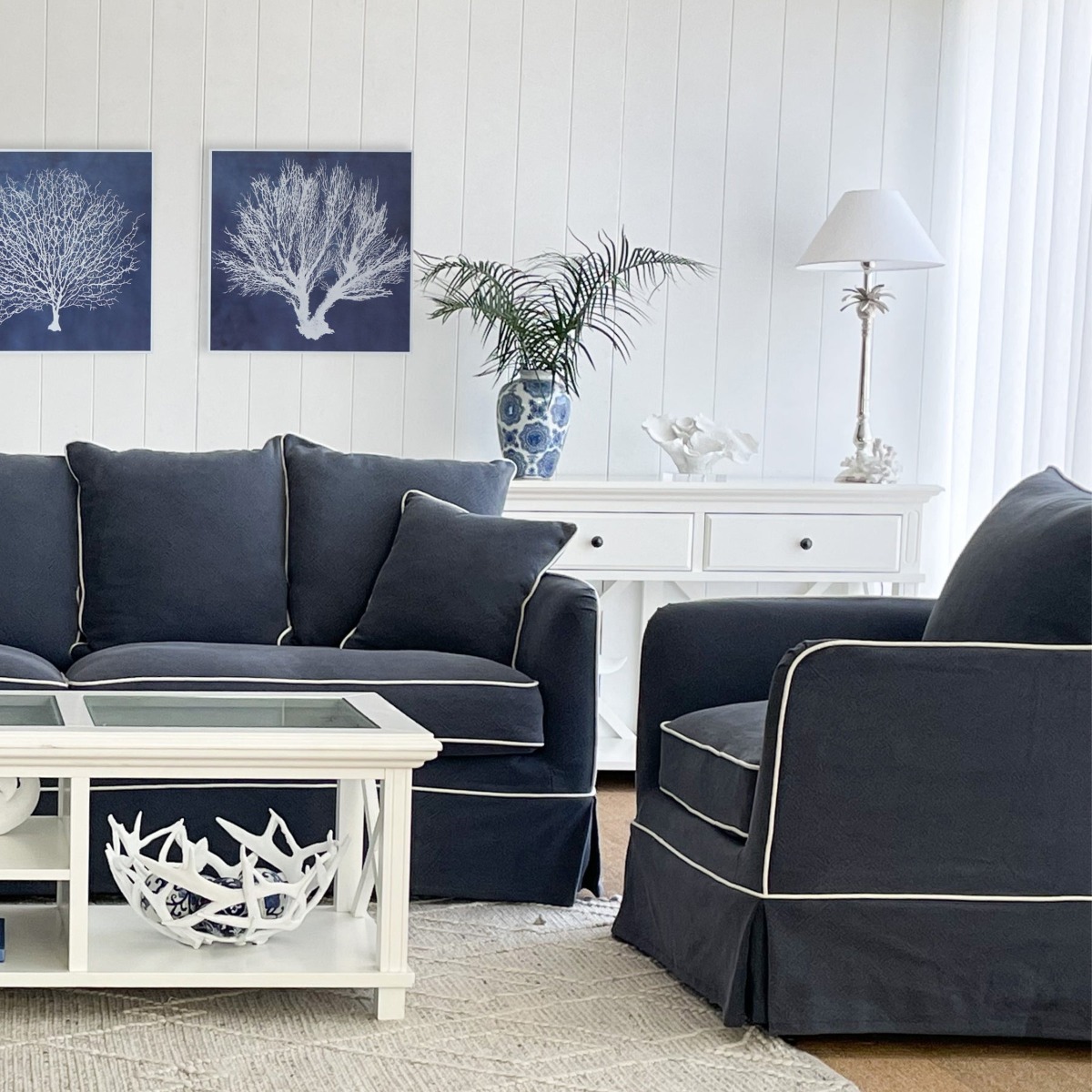 Noosa Hamptons Armchair Navy with White Piping, W 91cm D 90cm H 80cm (RRP $1699) - Image 10
