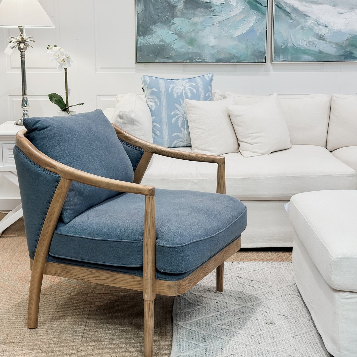 Asteria Armchair Linen Blend Blue, W 91cm D 76cm H 81cm (RRP $1299) - Image 2
