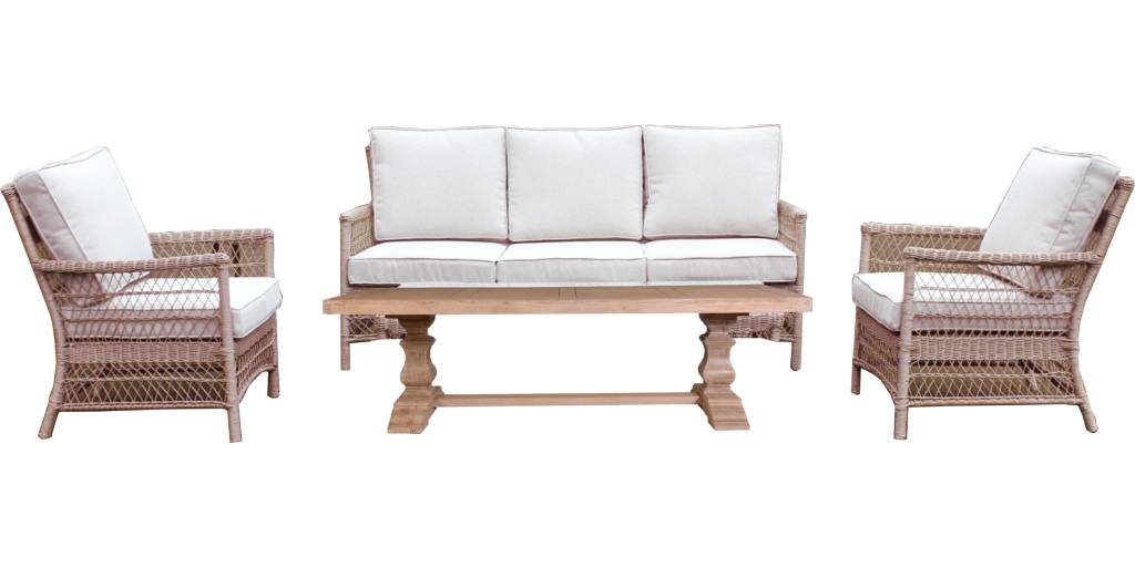 FLOORSTOCK CLEARANCE SALE "Hampshire" Hamptons Style Outdoor Wicker 4 Piece Lounge Set with Timber Pedestal Base Coffee Table (RRP $3499) - Image 2