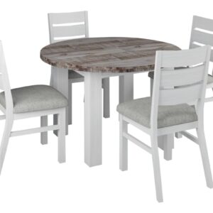 "Coastal" Hamptons Style Round Dining Table Package, Chair with Grey Fabric Cushioned Seat, Vivid White (RRP $2499)