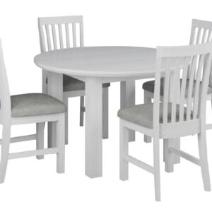 "Cove" Hamptons Style Round 120cm Brushed White Dining Table Setting with 4 Cove Chairs (RRP $2499)