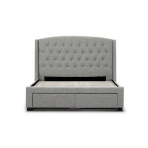 "Amelia" Hamptons Style Buttoned Back Upholstered Fabric Bed Frame 4 Storage Drawers King Size, Stone (RRP $2299)