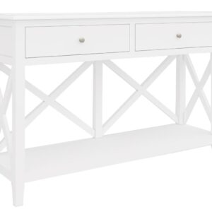 "Montauk" Hamptons Style Timber Hall Console Table 2 Drawers Cross Leg White, 120cmW x 35cmD x 78cmH (RRP $799)