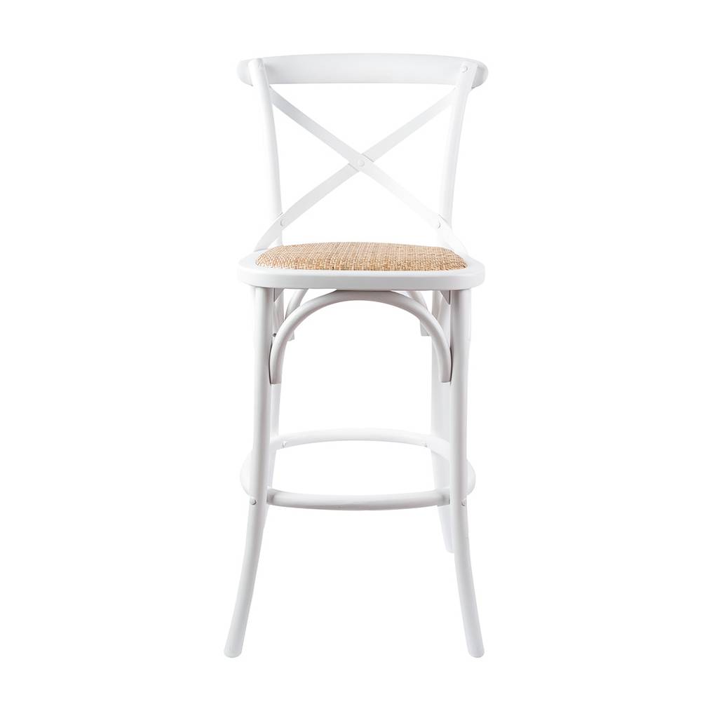 "Cafe" Hamptons Style Timber Barstool Cross Back, White with Rattan Seat (RRP $349) - Image 4