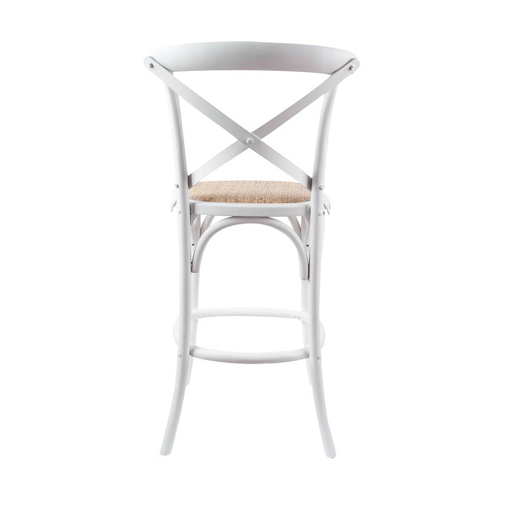 "Cafe" Hamptons Style Timber Barstool Cross Back, White with Rattan Seat (RRP $349) - Image 3