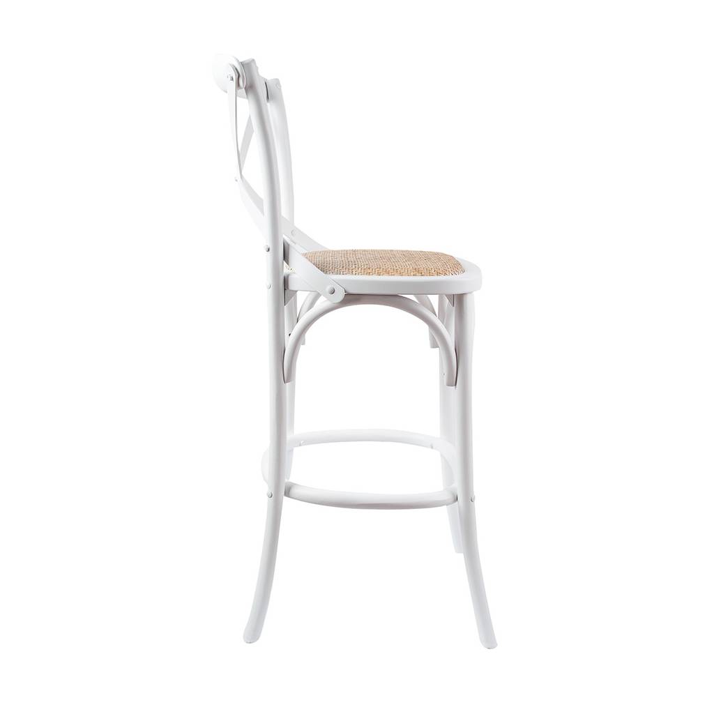 "Cafe" Hamptons Style Timber Barstool Cross Back, White with Rattan Seat (RRP $349) - Image 2