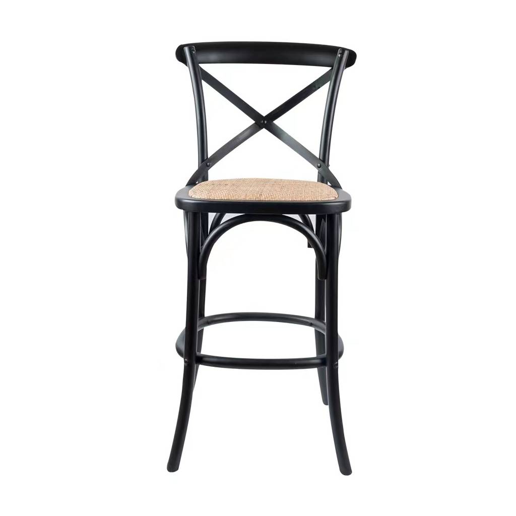 "Cafe" Hamptons Style Timber Barstool Cross Back, Black with Rattan Seat (RRP $349) - Image 4