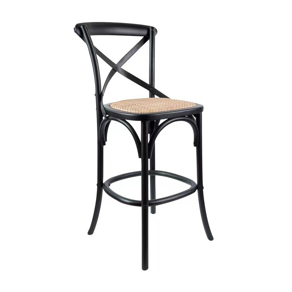 "Cafe" Hamptons Style Timber Barstool Cross Back, Black with Rattan Seat (RRP $349) - Image 3