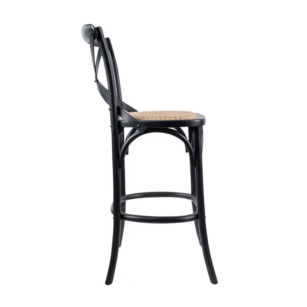 "Cafe" Hamptons Style Timber Barstool Cross Back, Black with Rattan Seat (RRP $349) - Image 2