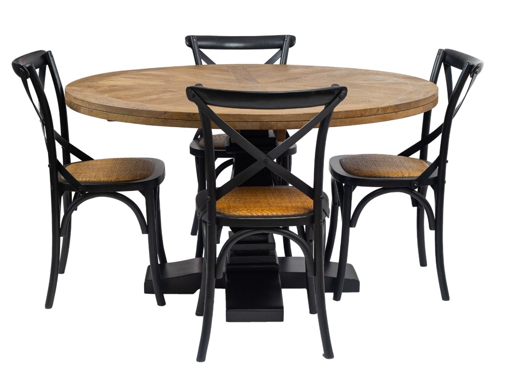 "Tuscany" Hardwood Timber 135cm Round Dining Table, Black Base + 4 Noosaville Crossback Chairs, Black (RRP $2999) - Image 2