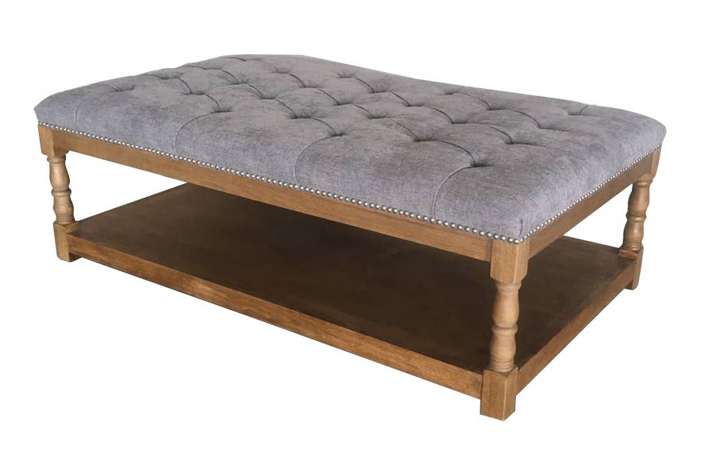 FLOORSTOCK CLEARANCE SALE "Milana" French Provincial Style Upholstered Ottoman with Shelf in Steel, 150cm x 90cm x 50cmH (RRP $1199) - Image 3