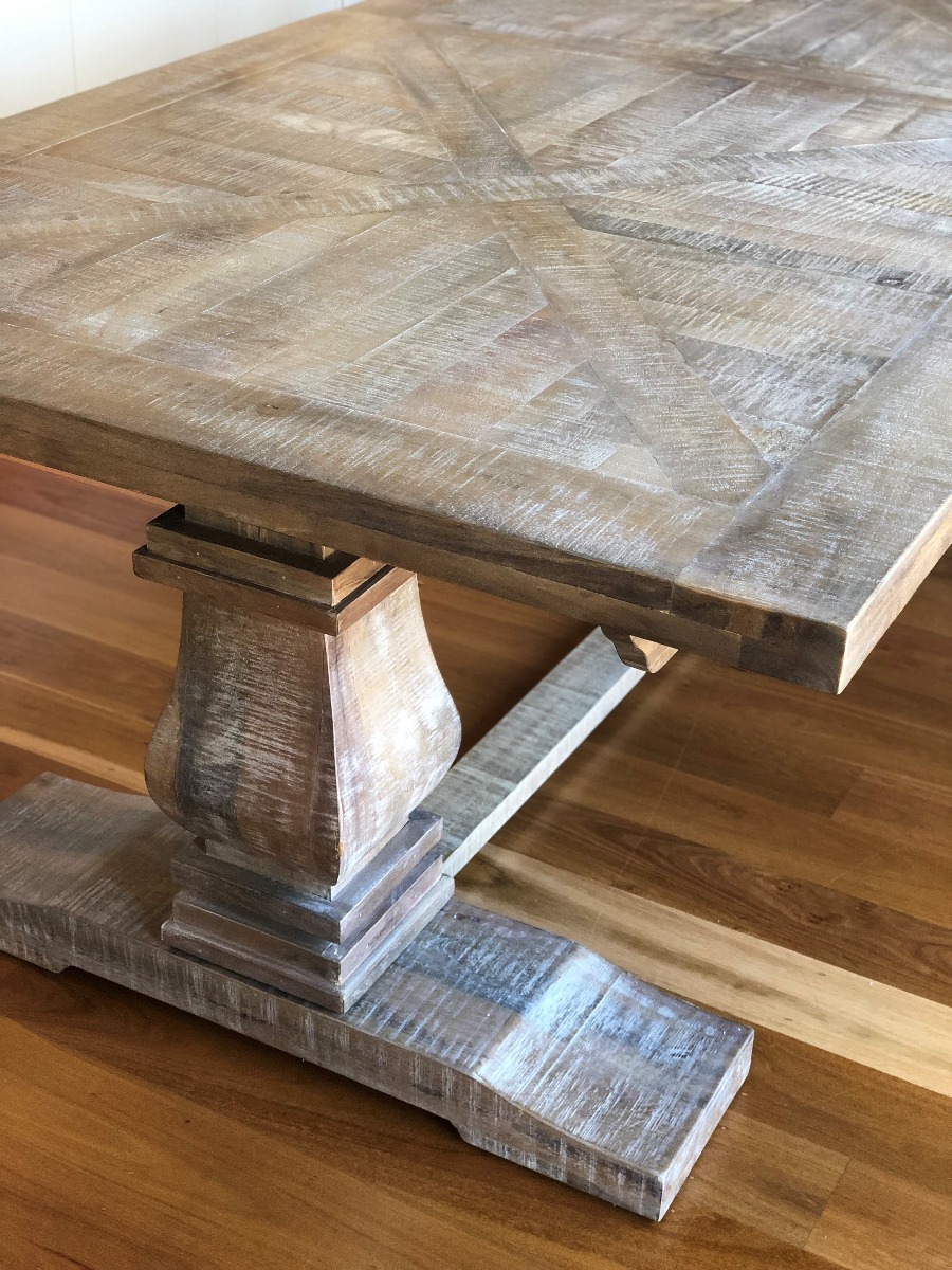 "Tuscany" Hamptons Style Hardwood Parquetry Timber Dining Table Pedestal Base Whitewash, 210x105cm (RRP $1999) - Image 3