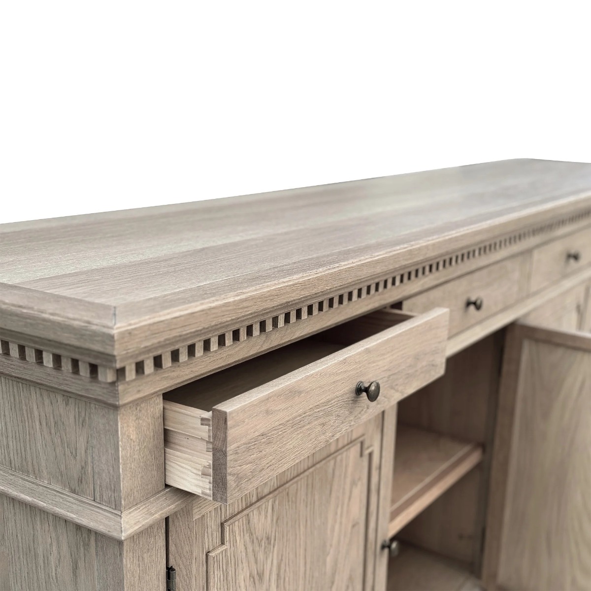 "Harbord" Hamptons Style 4 Door 4 Drawer Buffet Sideboard Weathered Oak, 220cmW x 48cmD x 90cmH (RRP $4999) - Image 4