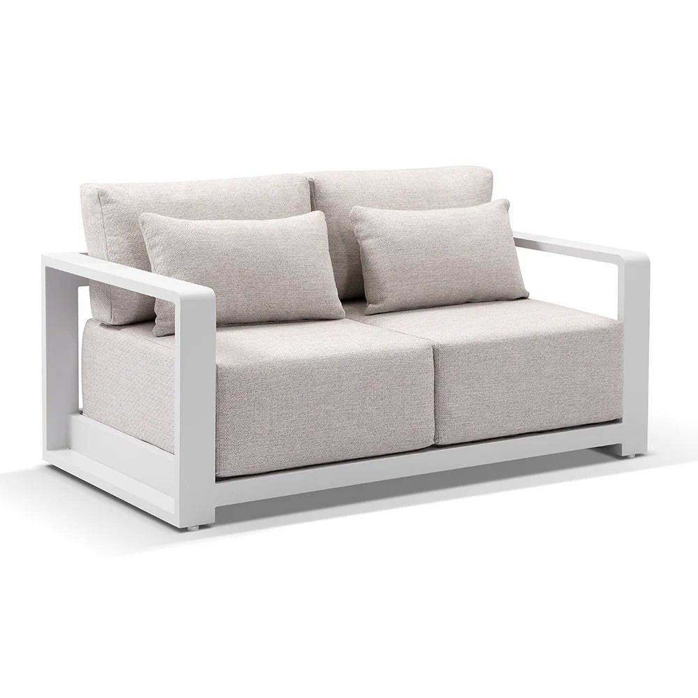 "WHitehaven" Coastal Hamptons Outdoor Aluminium 2 Seater White Lounge with Olefin Sandstone Cushions, L156cm x D88cm x H66cm (RRP $2999) - Image 3