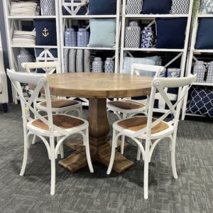 "Whitsunday" Hamptons Style Parquetry Hardwood Timber 120cm Round Dining Package, Hamptons Grey (RRP $2999)