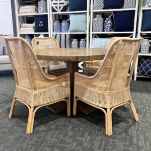 "Whitsunday" Hamptons Style Parquetry Hardwood Timber 120cm Round Dining Package, Hamptons Grey (RRP $3499)