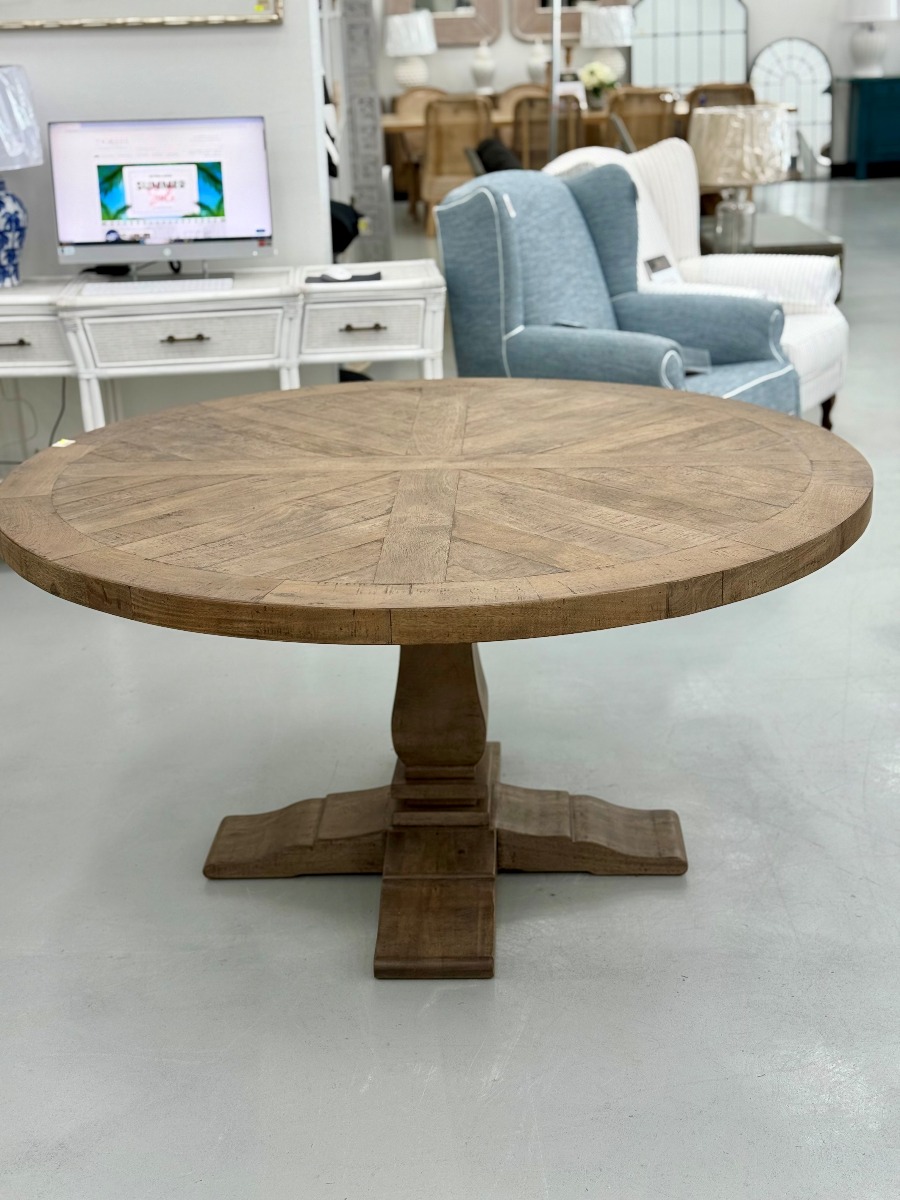 "Whitsunday" Hamptons Style Parquetry Hardwood Timber 180cm Round Dining Table, Hamptons Grey (RRP $3999) - Image 6