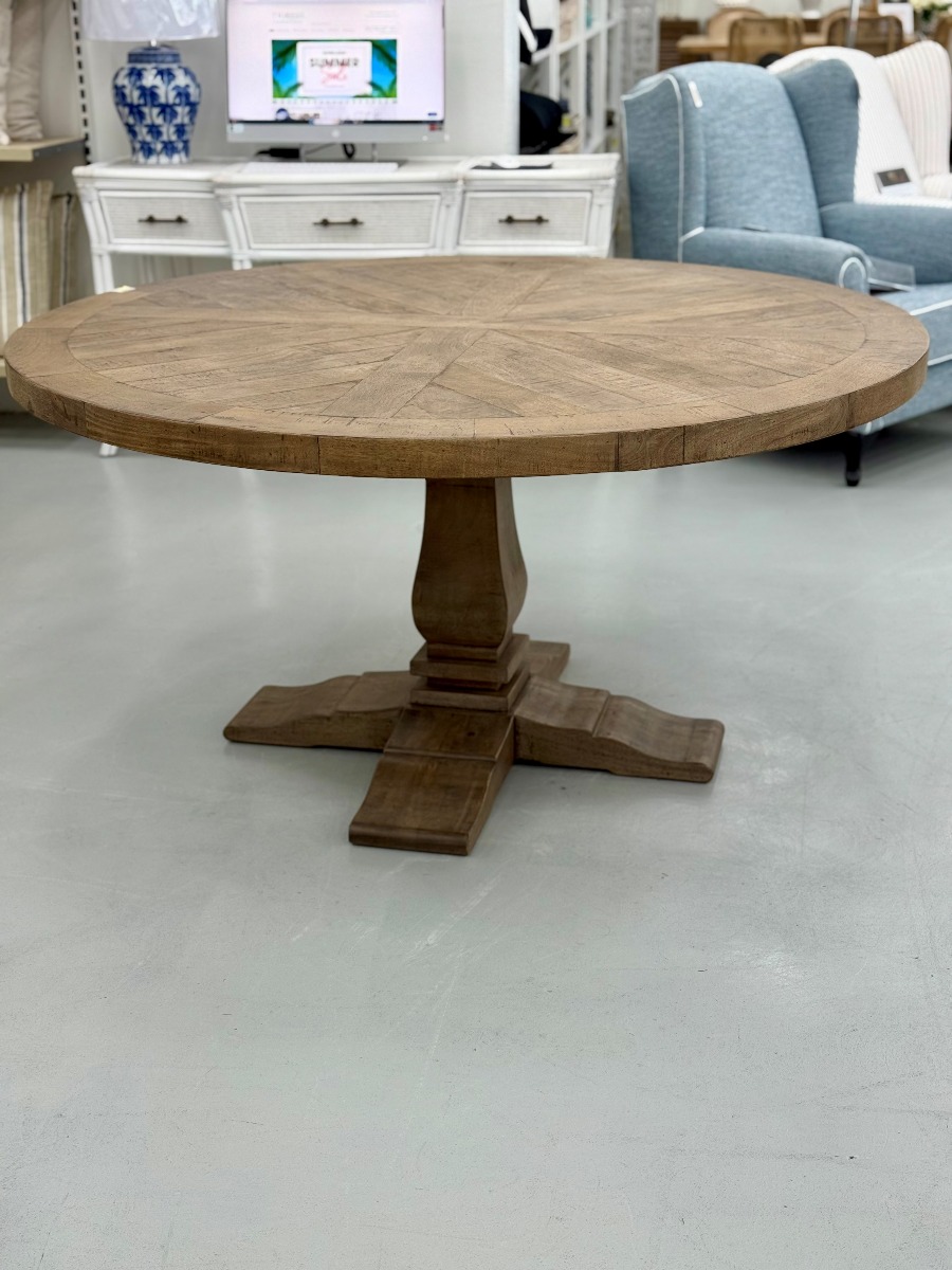 "Whitsunday" Hamptons Style Parquetry Hardwood Timber 180cm Round Dining Table, Hamptons Grey (RRP $3999) - Image 4