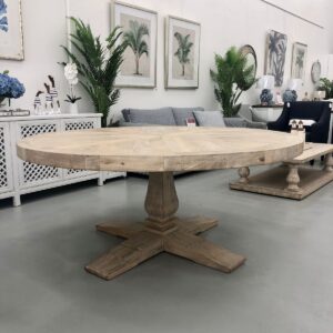 "Whitsunday" Hamptons Style Parquetry Hardwood Timber 150cm Round Dining Table, Beachwhite Finish (RRP $2999)