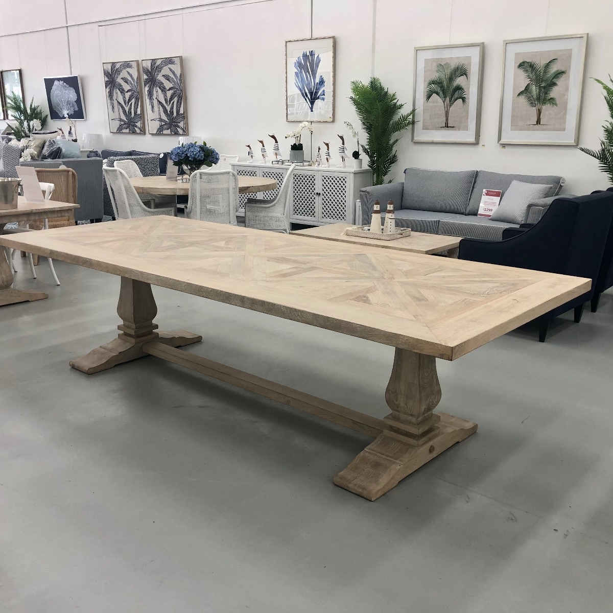 "Whitsunday" Hamptons Style Hardwood Timber Parquetry Dining Table with Pedestal Base, Beachwhite Finish, 240x110x77cm (RRP $3499) - Image 2