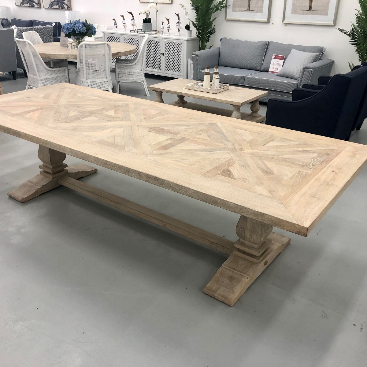 "Whitsunday" Hamptons Style Hardwood Timber Parquetry Dining Table Pedestal Base, Beachwhite Finish, 300x120x77cm (RRP $4999) - Image 2