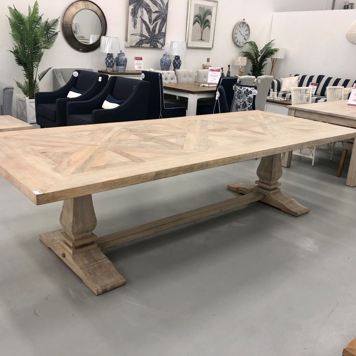 "Whitsunday" Hamptons Style Hardwood Timber Parquetry Dining Table Pedestal Base, Beachwhite Finish, 300x120x77cm (RRP $4999) - Image 4