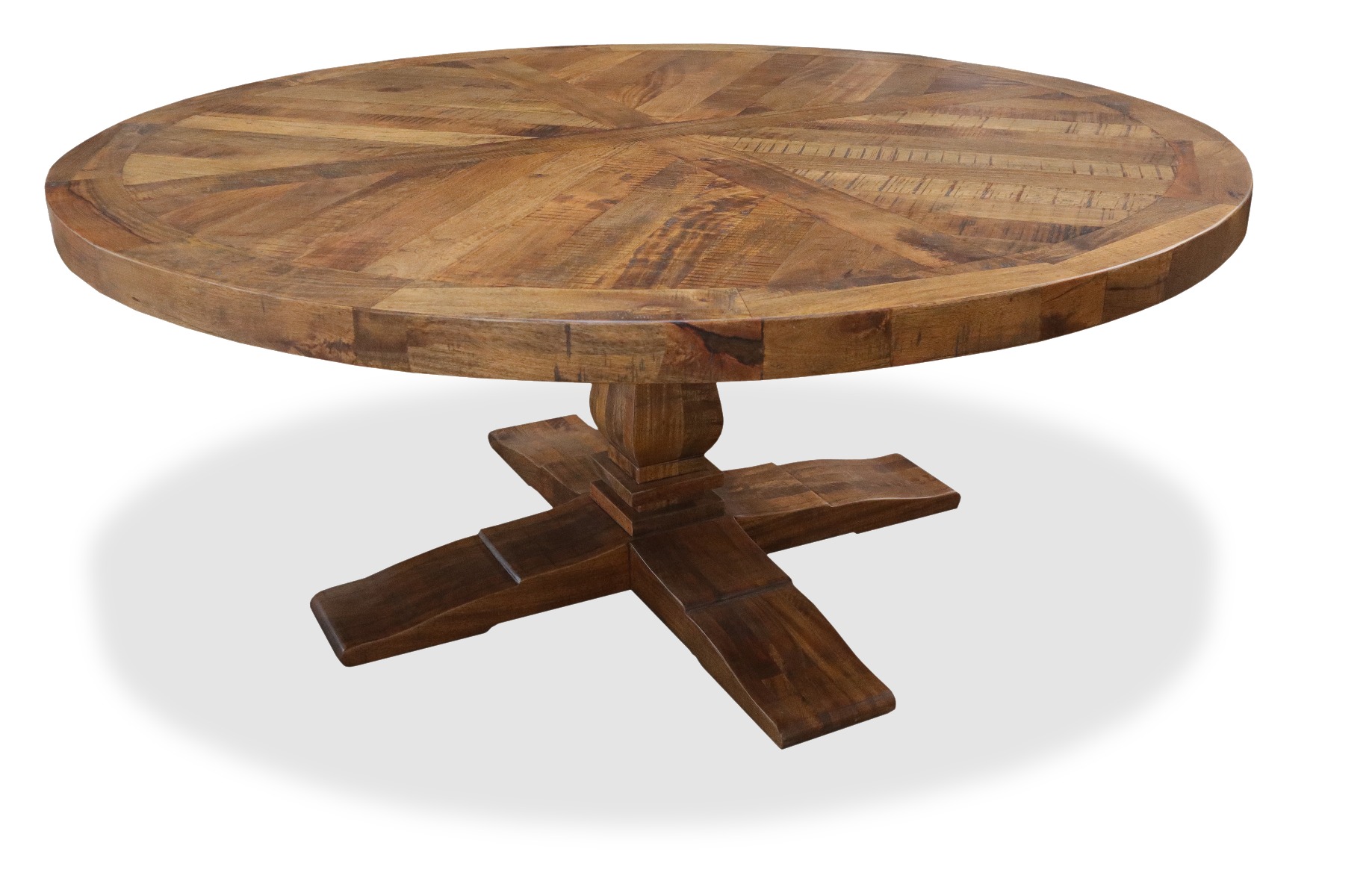 "Whitsunday" Hamptons Style Parquetry Hardwood Timber 150cm Round Dining Table, Vintage Finish (RRP $2999)