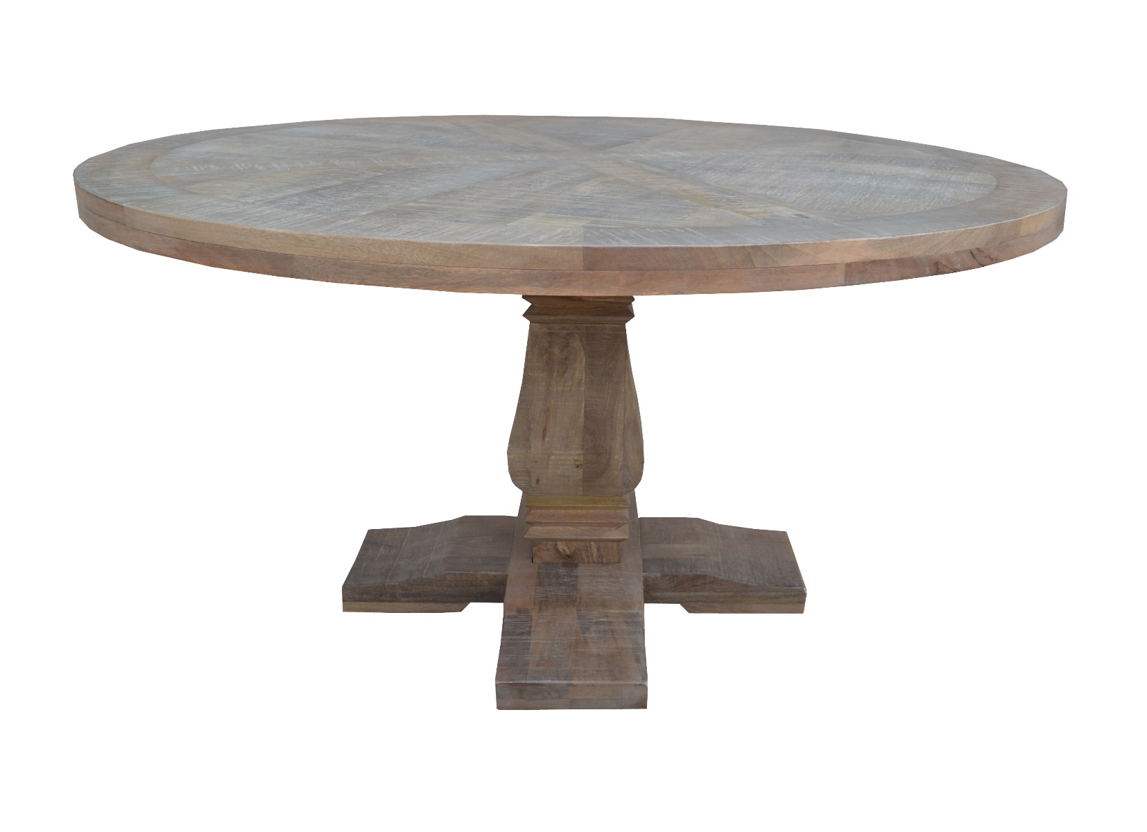 FLOORSTOCK CLEARANCE SALE "Tuscany" Hampton Style Hardwood Timber Parquetry Round Dining Table with Pedestal Base Whitewash, 135cm - Image 2