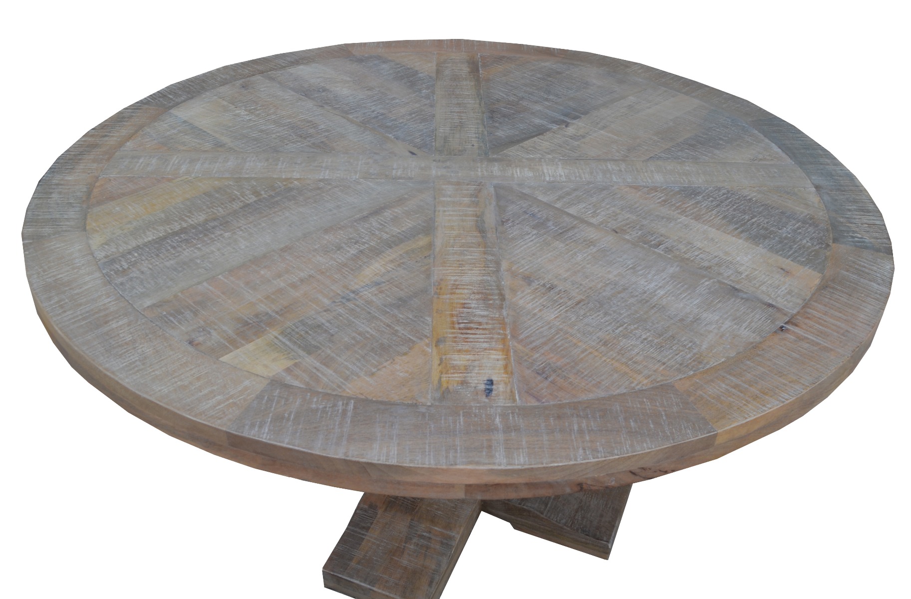 FLOORSTOCK CLEARANCE SALE "Tuscany" Hampton Style Hardwood Timber Parquetry Round Dining Table with Pedestal Base Whitewash, 135cm - Image 3