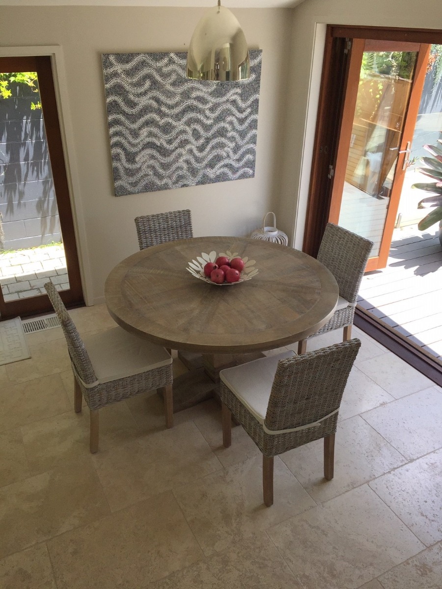 FLOORSTOCK CLEARANCE SALE "Tuscany" Hampton Style Hardwood Timber Parquetry Round Dining Table with Pedestal Base Whitewash, 135cm - Image 5
