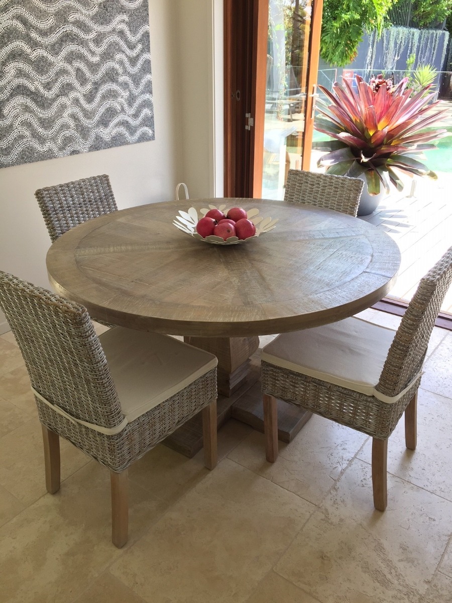 FLOORSTOCK CLEARANCE SALE "Tuscany" Hampton Style Hardwood Timber Parquetry Round Dining Table with Pedestal Base Whitewash, 135cm - Image 6