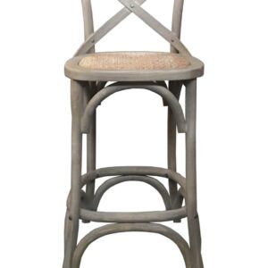 "Noosaville" Timber Rattan Kitchen Bench Bar Chair Cross Back Greywash, 42cmL x 42cmD x 100cmH; Seat Height 65cm (RRP $349)